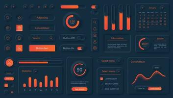 Dark neumorphic user interface elements with neon buttons and bars. Black neumorphism style dashboard design, mobile app ui kit vector set