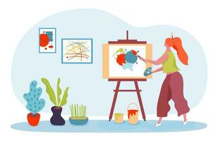 Woman artist draw picture on canvas. Female character holing color palette and paintbrush. Girl with creative hobby vector