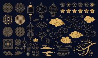 Chinese new year decoration elements, clouds and festive lanterns. Traditional asian patterns and ornaments, sakura flowers vector set