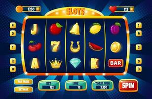 Casino slot machine game ui design, gambling mobile app concept. Cartoon slots icons and buttons, online casinos games gui vector template