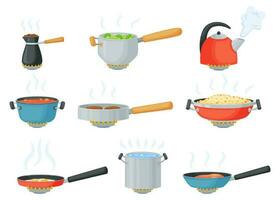 dibujos animados utensilios de cocina en cocina, Cocinando comida en fritura pan o cacerola. tetera con hirviendo agua, maceta con sopa, sartenes en gas quemador vector conjunto