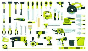 Working tools of set, ax hammer, drill, screwdriver, saw vector