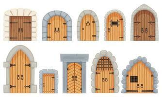 Cartoon medieval castle entrance gates and dungeon door. Old wooden doors with stone surround, ancient castles doorway or gate vector set