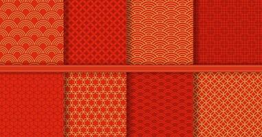 tradicional chino sin costura patrón, dorado asiático antecedentes. rojo y oro japonés ola adornos, resumen decorativo textura vector conjunto