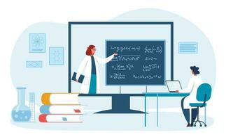 Online education scientists. Teacher conducting seminar for student via desktop computer. Cartoon person writing formulas vector