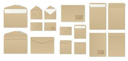 Realistic craft envelope with letters, open and closed envelopes mockups. Paper mail holder in different sizes, letter packaging vector set