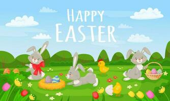 dibujos animados primavera paisaje con linda Pascua de Resurrección conejitos y huevos. contento Pascua de Resurrección tarjeta, primavera prado paisaje con flores vector ilustración
