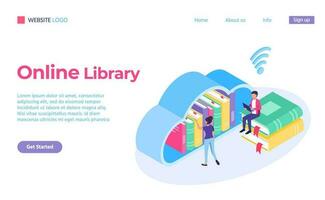Reading online service isometric, library landing page vector