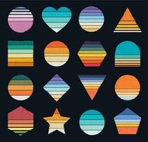 80s retro sunset with grunge texture, abstract vintage sunsets. 1980s style striped gradient sun in different shapes for logo design vector set