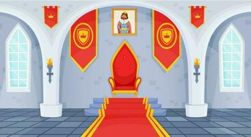 Castle throne room, royal palace interior, medieval ballroom. Cartoon fairytale kingdom hall with king thrones chair, flags vector illustration