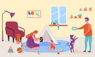 People at home. Cartoon parents spending time together with little son and dog. Mother playing with boy and bear toy vector