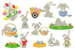 Cartoon easter bunnies with baskets and painted eggs, cute rabbits. Fluffy bunny holding egg, spring holiday rabbit character vector set