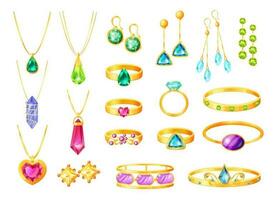 Cartoon gold jewelry with gemstones, wedding rings, earrings, bracelets. Women fashion golden accessories, tiara, jewel necklace vector set