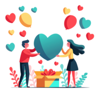 content la Saint-Valentin journée concept avec Jeune garçon et fille personnage avec coloré cœurs, des ballons cadeau boîte et feuilles. png