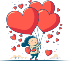 schattig weinig meisje karakter Holding harten ballonnen Aan natuur boom landschap. liefde of Valentijnsdag dag concept. png