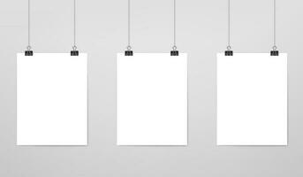 Hanging white paper sheet posters mockup, pages vector