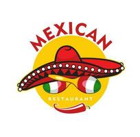 Mexican restaurant icon, chili, maracas, sombrero vector