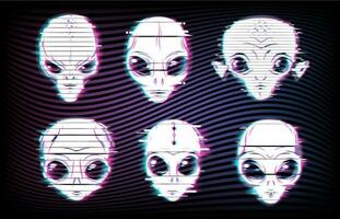 Alien faces or heads with digital glitch effects vector