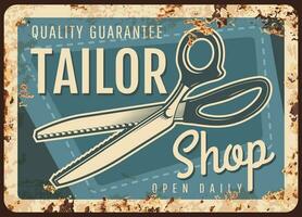 Tailor shop rusty metal plate with scissors ad vector