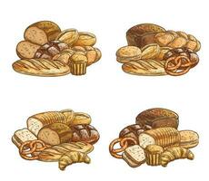 Fresh bread and pastry vector sketch icons set