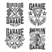 Spare plugs, pistons and wheel t-shirt prints vector