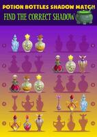 Kids game shadow match with magic potion bottles vector