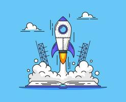 Rocket launch, start up spaceship, cartoon shuttle vector