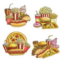 Fast food takeaway meals and snacks sketch vector