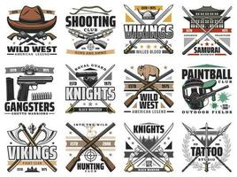 Guns and swords weapon retro vector icons set