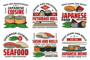 Japanese food restaurant icons with sushi rolls vector