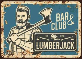 Lumberjack man with ax, metal rusty plate retro vector