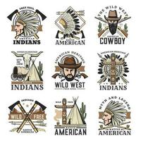 Wild West isolated vector icons set, vintage signs