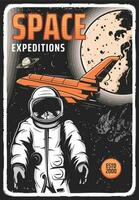 Space expedition retro vector poster astronaut