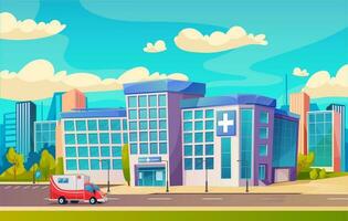 Hospital building, city medical clinic, ambulance vector
