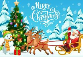 Santa, snowman, deer sleigh with Christmas gifts vector
