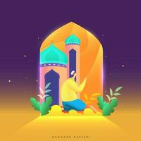 Ramadan Kareem  Concept With Muslim Man Offering Prayer  In Mosque. vector