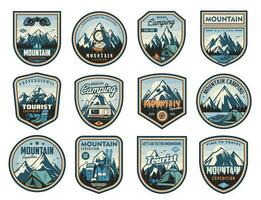 Mountain travel, tourism, camping leisure icons vector