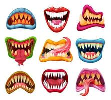 Monster jaws and mouths, cartoon teeth, tongues vector