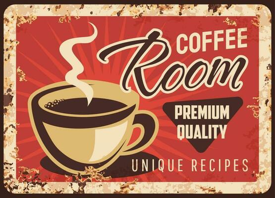 Steaming coffee cup vector rusty metal plate, mug