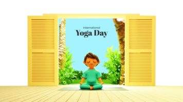 internationell yoga dag baner design med 3d ung pojke mediterar på natur se och öppen dörr. png