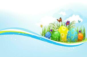 Easter eggs holidays hunt, green grass vector wave