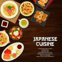 Japanese food and cuisine meals, dishes menu cover vector