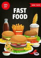 Fast food menu cover, vector burgers and snacks