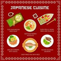 comida de Japón, japonés menú tallarines ramen, Sushi vector