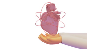 3D Render of a Doctor Hands Protecting a Wireframed Heart. png