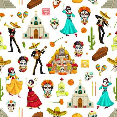 Day of the Dead seamless pattern with sugar skulls