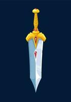 Sword blade with golden hilt, cartoon dagger icon vector