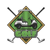Golf sport clubs and cart on course vector icon