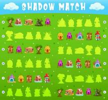 Shadow match game, cartoon fairy houses, dwellings vector