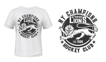 Lion print t-shirt mockup, hockey club team emblem vector